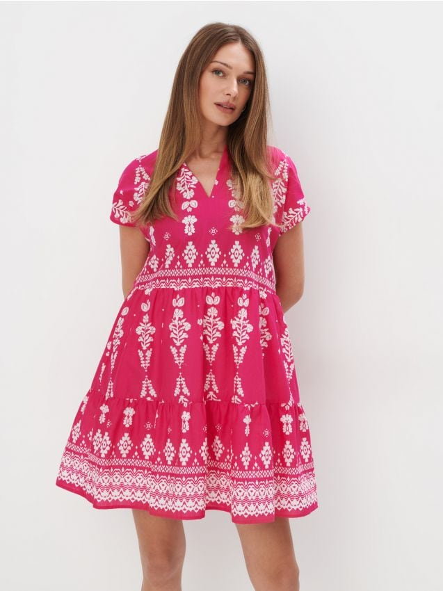Mohito - Trapezowa różowa sukienka mini - fuksjowy