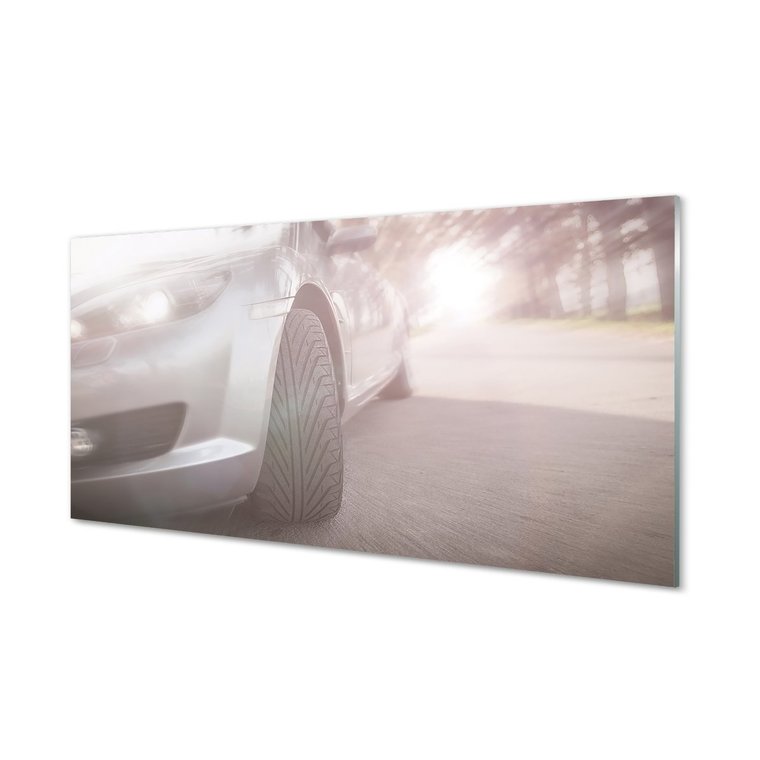 Szklany panel Srebrne auto ulica drzewa 120x60 cm