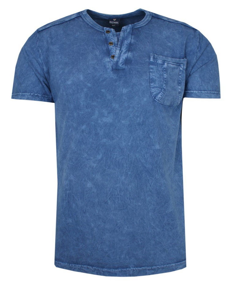 Koszulka Niebieska Bawełniana z Guzikami V-neck, Męska, z Nadrukiem, Krótki Rękaw