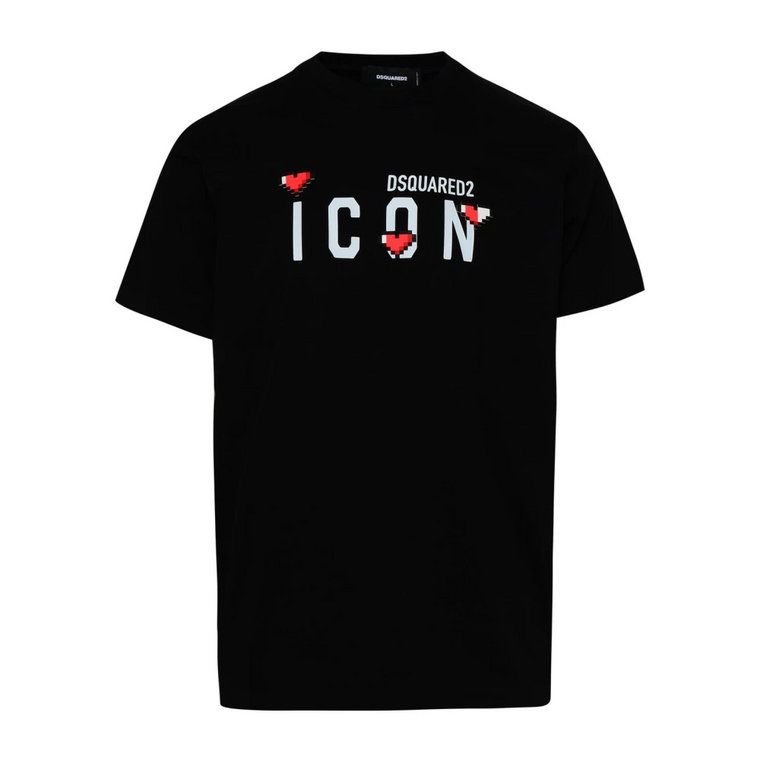 Czarna bawełniana koszulka z nadrukiem logo i naszytymi sercami Dsquared2