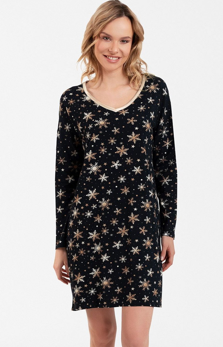 Bawełniana koszula nocna damska w śnieżynki Laponia, Kolor czarny-wzór, Rozmiar S, Italian Fashion