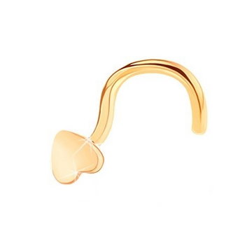 Piercing do nosa z żółtego 14K złota - małe lśniące płaskie serduszko