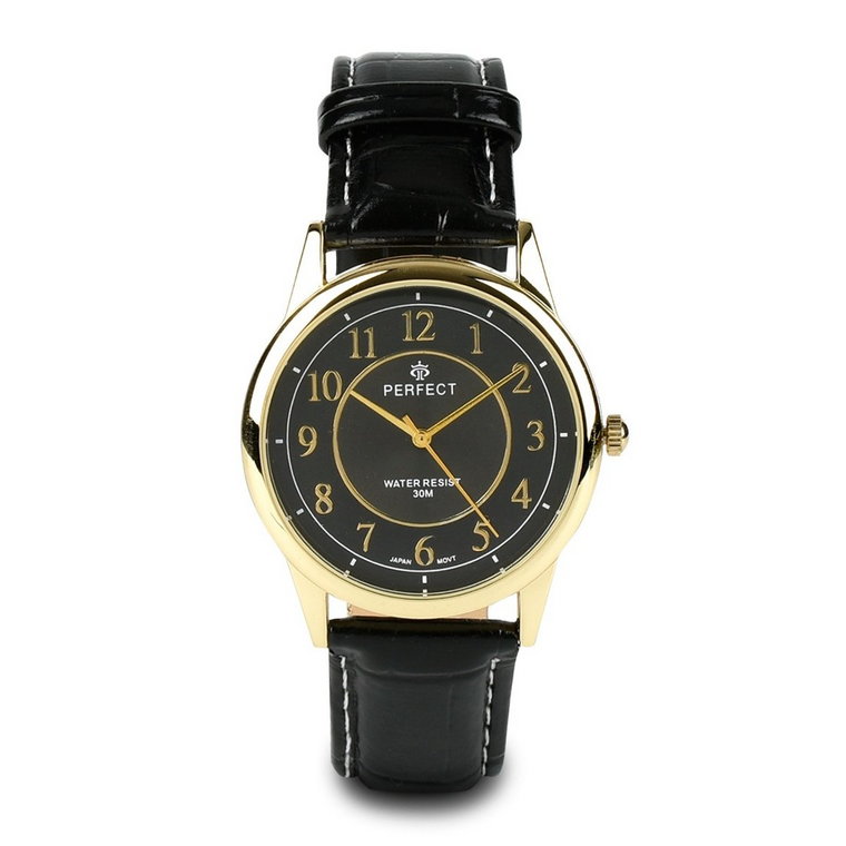 Zegarek męski kwarcowy czarno-złoty klasyczny skórzany pasek C402
