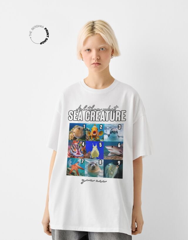 Bershka Wzorzysta Koszulka Oversize Z Krótkim Rękawem Kobieta Xl Biały Złamany