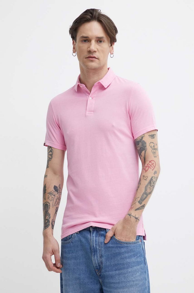 Superdry polo bawełniane kolor różowy gładki