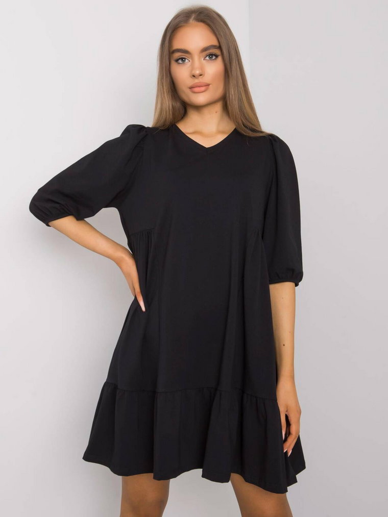 Sukienka basic czarny casual codzienna dresowa letnia dekolt w kształcie V rękaw 3/4 długość przed kolano falbana