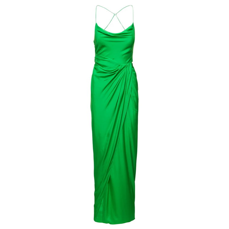 Zielona Jedwabna Długa Sukienka z Marszczeniami Gauge81