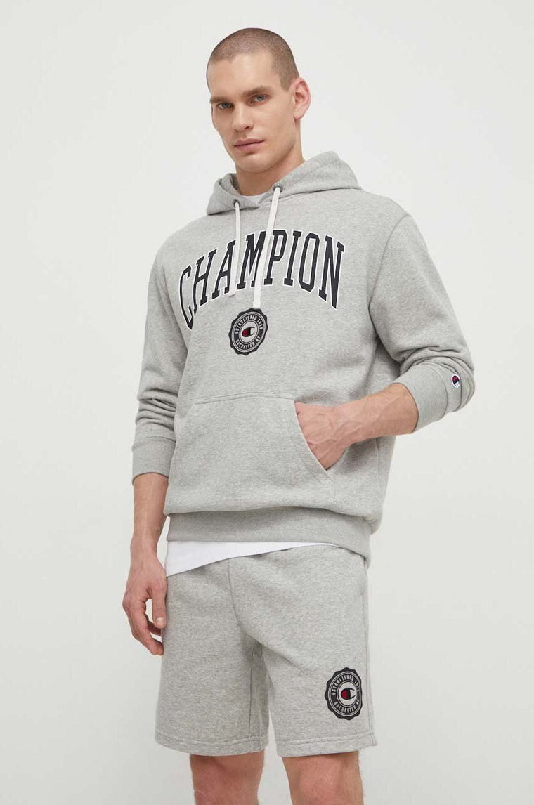 Champion bluza męska kolor szary z kapturem z nadrukiem 219830