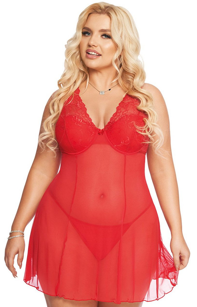 Czerwona koszulka babydoll plus size Berta, Kolor czerwony, Rozmiar XL, SoftLine Collection