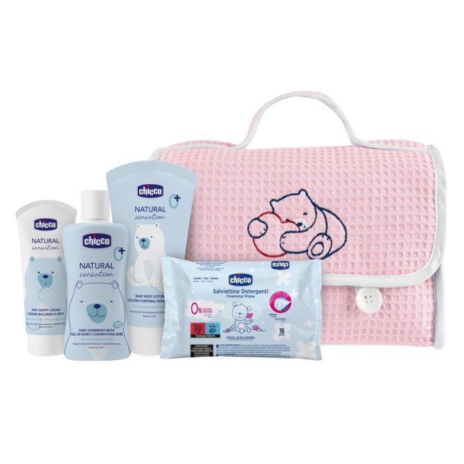 Chicco Natural Sensation zestaw płyn do mycia ciała i włosów 200ml + balsam do ciała 150ml + krem do pieluszki 4w1 100ml + chusteczki nawilżane 16szt