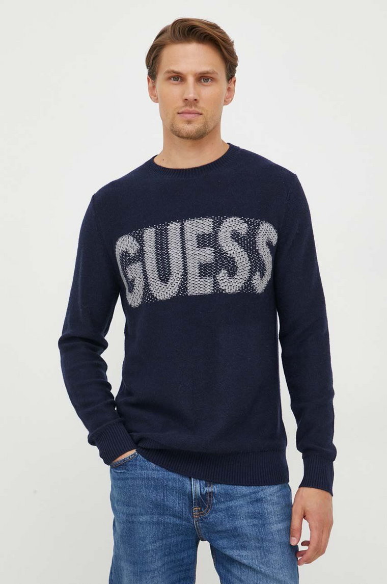 Guess sweter z domieszką wełny męski kolor granatowy