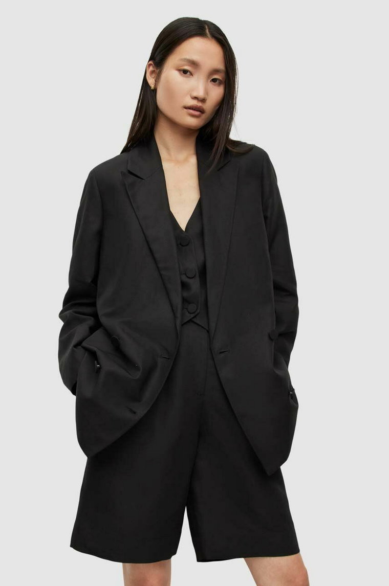 AllSaints marynarka z domieszką lnu PETRA BLAZER kolor czarny oversize gładka WT003Y