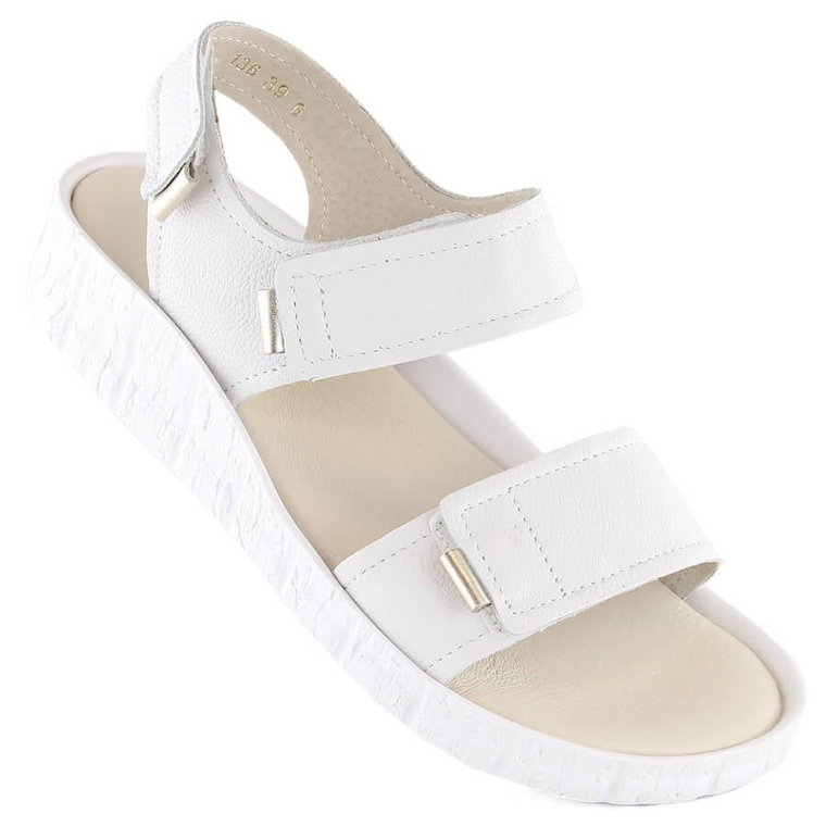 Skórzane komfortowe sandały damskie na rzepy białe Helios 136.188