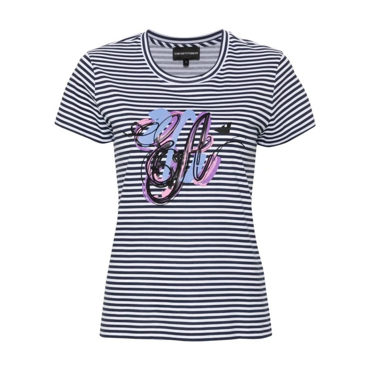 Niebieski T-shirt w Paski z Haftowanym Motywem Emporio Armani