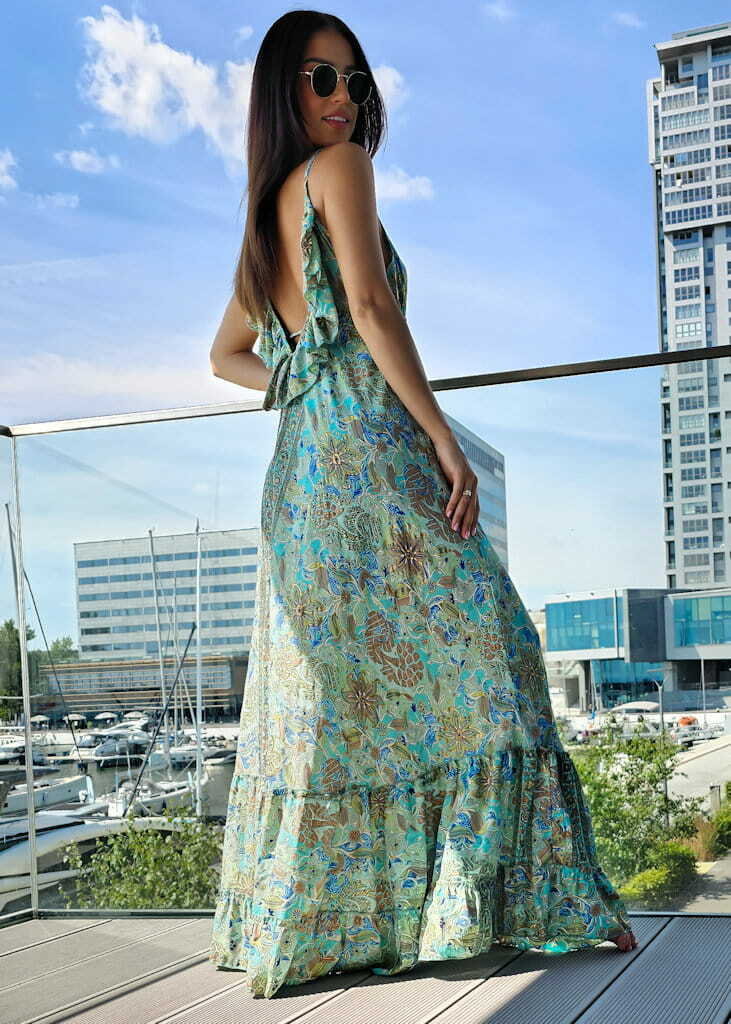 899 Maxi Sukienka Boho Jedwab Sharone Green