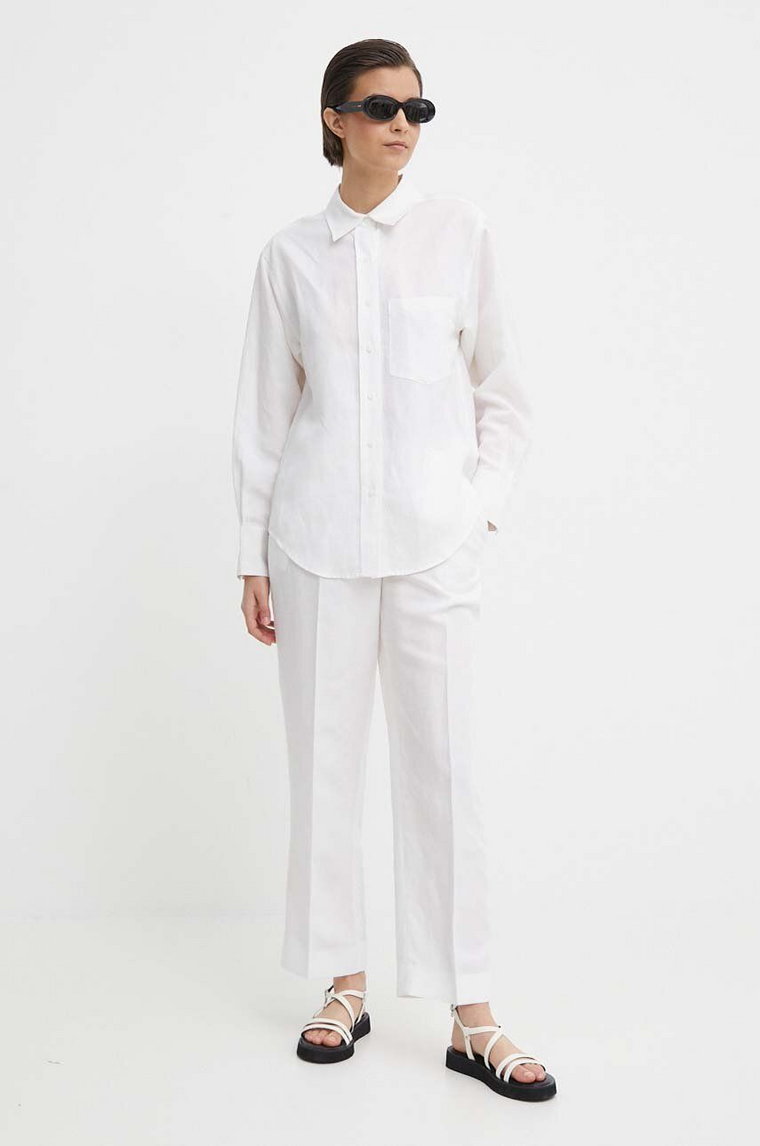 Calvin Klein spodnie z domieszką lnu kolor biały proste high waist K20K206695