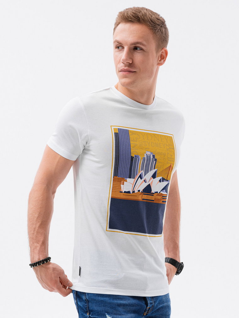 T-shirt męski z nadrukiem - biały V7A S1434