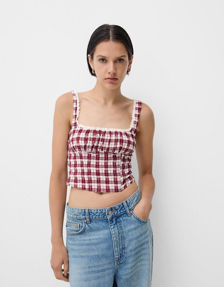 Bershka Top W Kratkę Vichy Kobieta S Buraczkowy