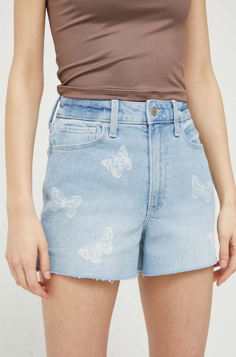 Hollister Co. szorty jeansowe damskie kolor niebieski z aplikacją high waist