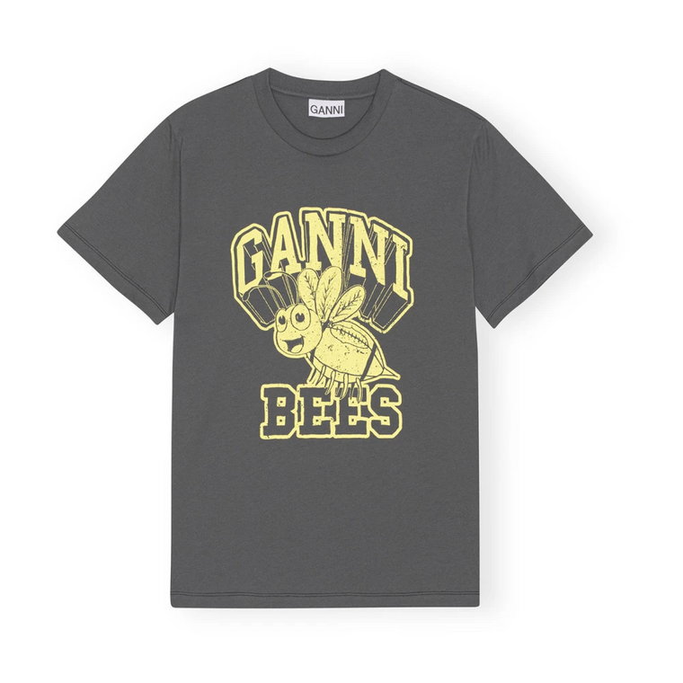 Ciemnoszary Basic Jersey Yellow Bee Relaxed T-Shirt Ganni