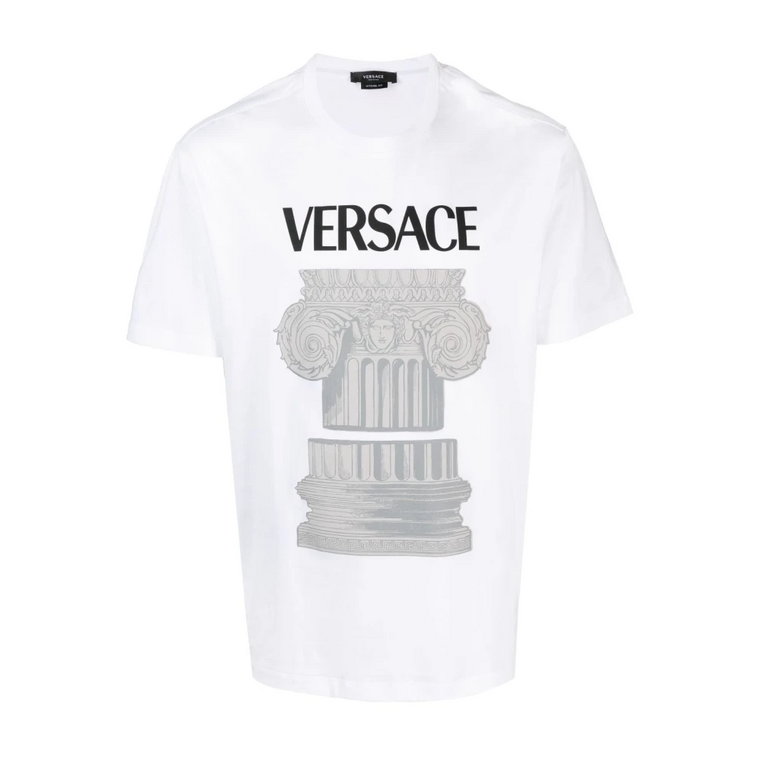 Biała koszulka z nadrukiem logo i grafiką Versace