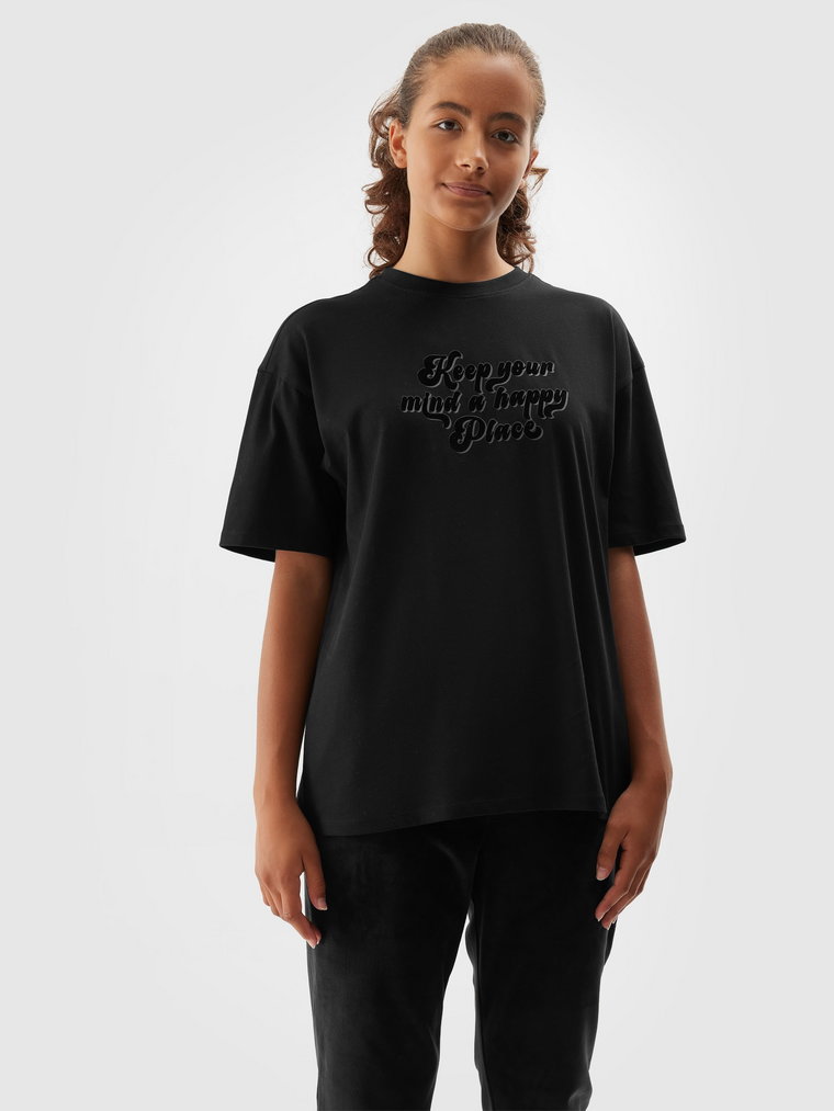 T-shirt z nadrukiem dziewczęcy - czarny