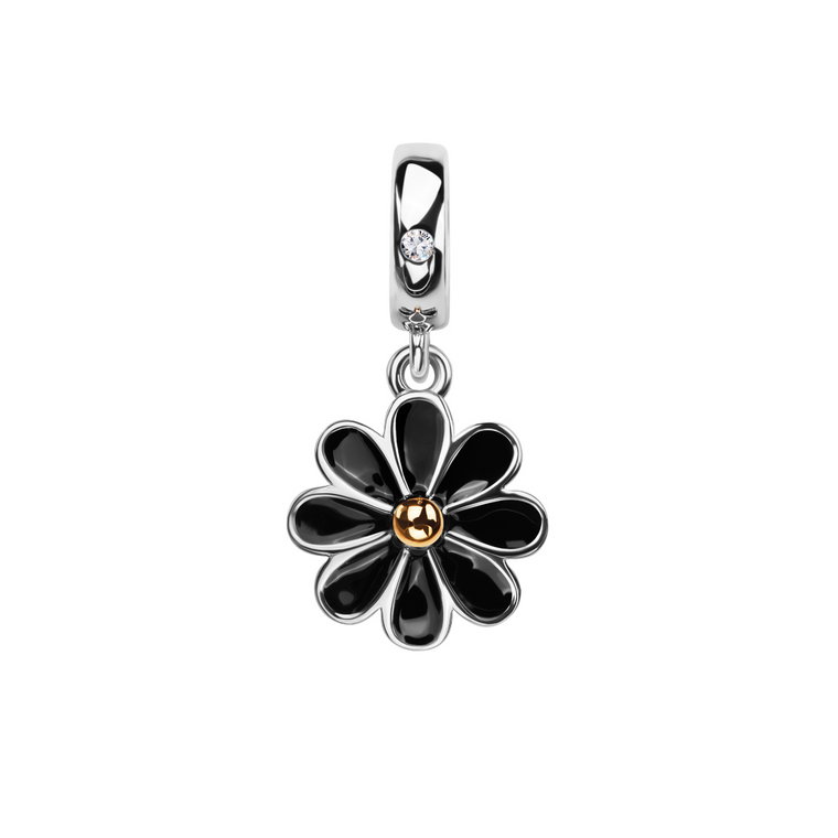 Beads srebrny pokryty czarną emalią - kwiat - Dots