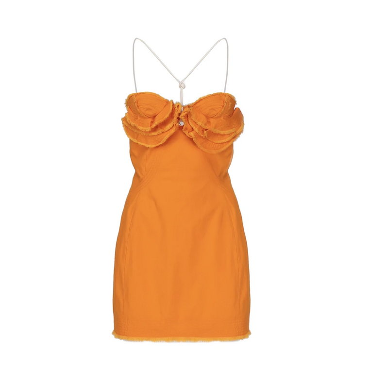 Pomarańczowa Mini Sukienka z Poszarpanymi Brzegami i Dekoltem na Szyję Jacquemus