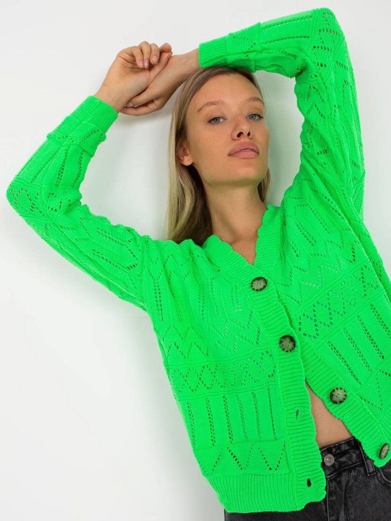 Sweter letni fluo zielony casual ażurowy dekolt w kształcie V rękaw długi guziki