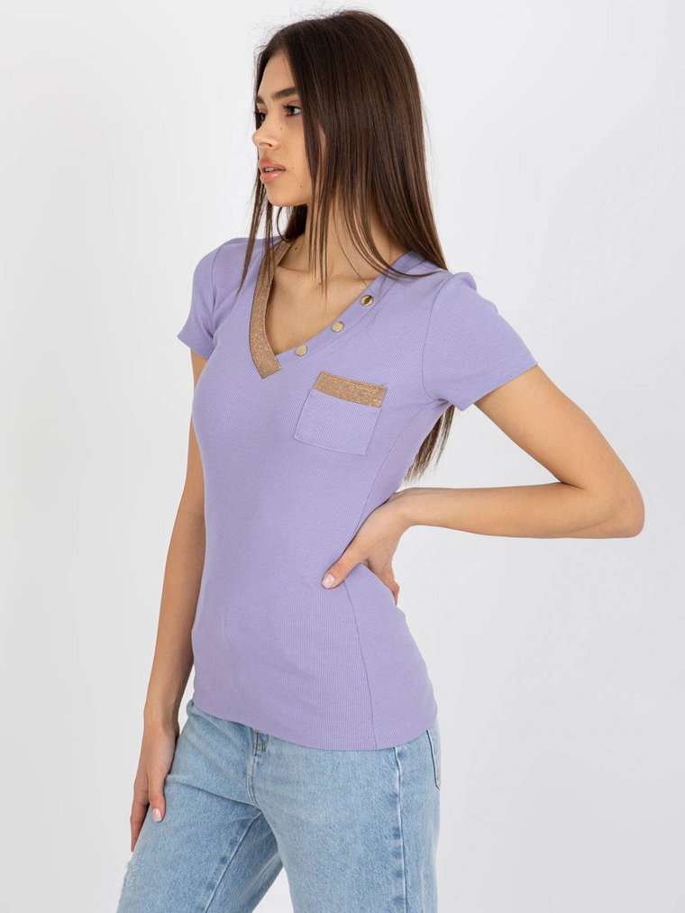 T-shirt na co dzień jasny fioletowy casual bluzka codzienna dopasowana dekolt w kształcie V rękaw krótki guziki kieszeń materiał prążkowany
