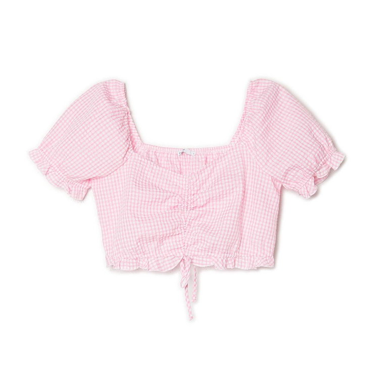 Cropp - Różowa bluzka crop top w kratkę - różowy