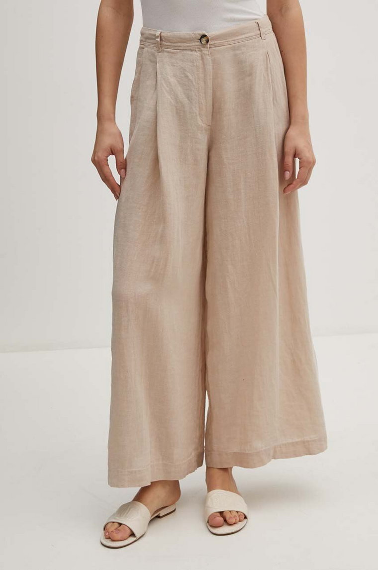 Sisley spodnie lniane kolor beżowy proste high waist 41I4LF04E