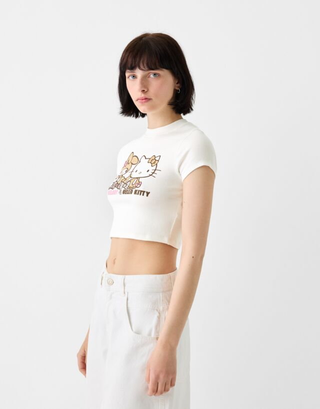 Bershka Koszulka Z Krótkim Rękawem I Nadrukiem Hello Kitty & My Melody Kobieta S Biały Złamany