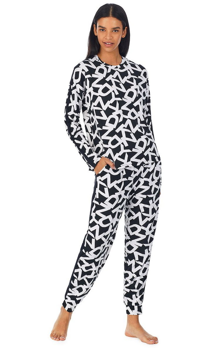 DKNY piżama damska/dres z długim rękawem i długimi spodniami YI2822599, Kolor czarny-wzór, Rozmiar XS, DKNY