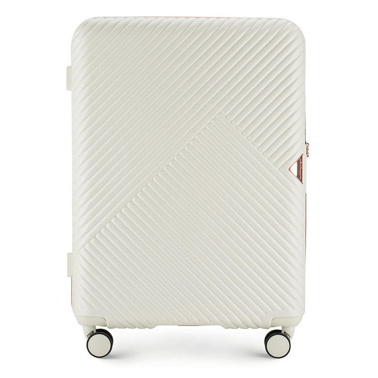 Średnia walizka z polikarbonu w paseczki biała