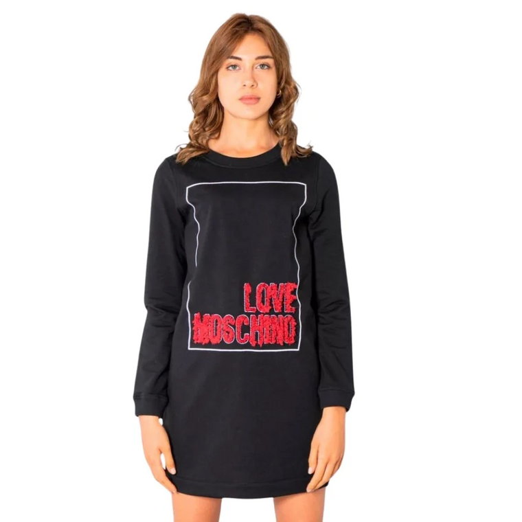 Czarna Sukienka z Bawełny z Wytłoczonym Logo Love Moschino