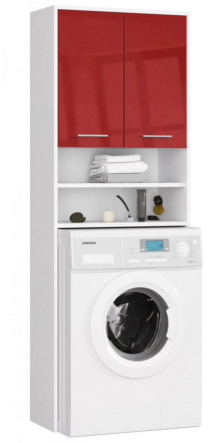 Słupek łazienkowy nad pralkę z półkami biały + czerwony połysk - Rikero 4X