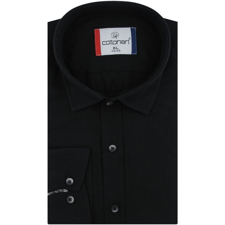 Lniana Koszula Męska Codzienna gładka czarna z długim rękawem w kroju SLIM FIT Cottonart E437