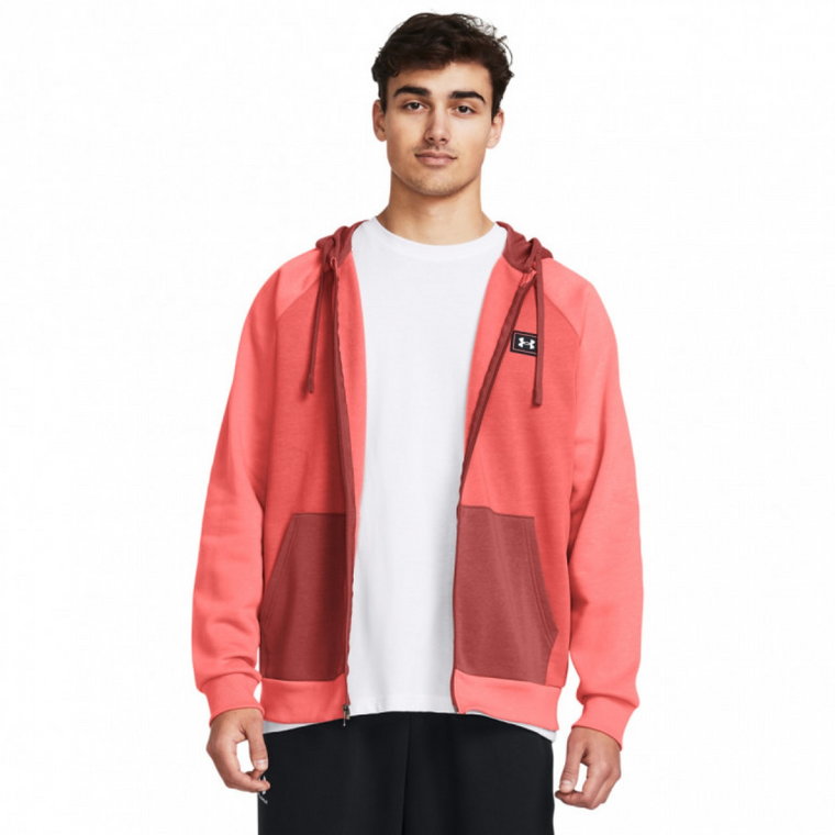 Męska bluza dresowa rozpinana z kapturem Under Armour UA Rival Flc FZ Colorblock - łososiowa