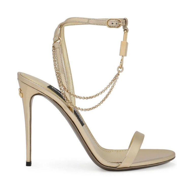 Złote Laminowane Skórzane Sandały z Łańcuchem i Zamkiem Dolce & Gabbana