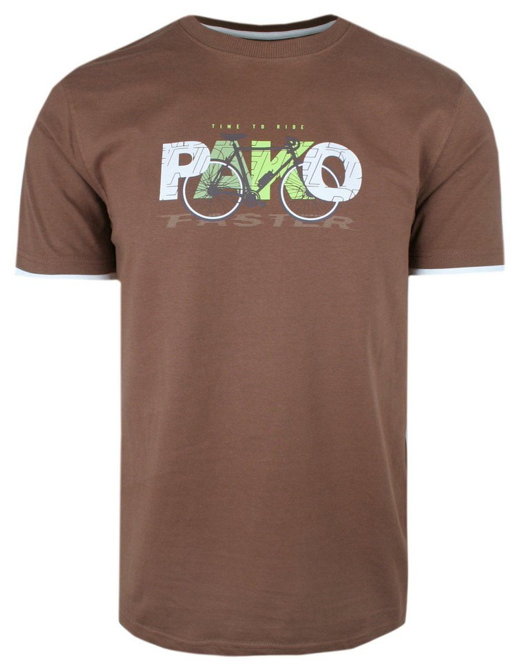 T-Shirt Męski - Brązowy z Motywem Roweru - Pako Jeans