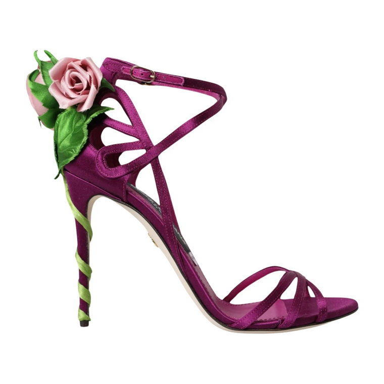Fioletowe Kwiatowe Satynowe Sandały na Obcasie Dolce & Gabbana