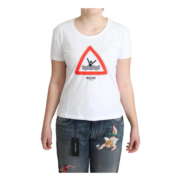 White Cotton Graphic Triangle Print T-shirt Moschino