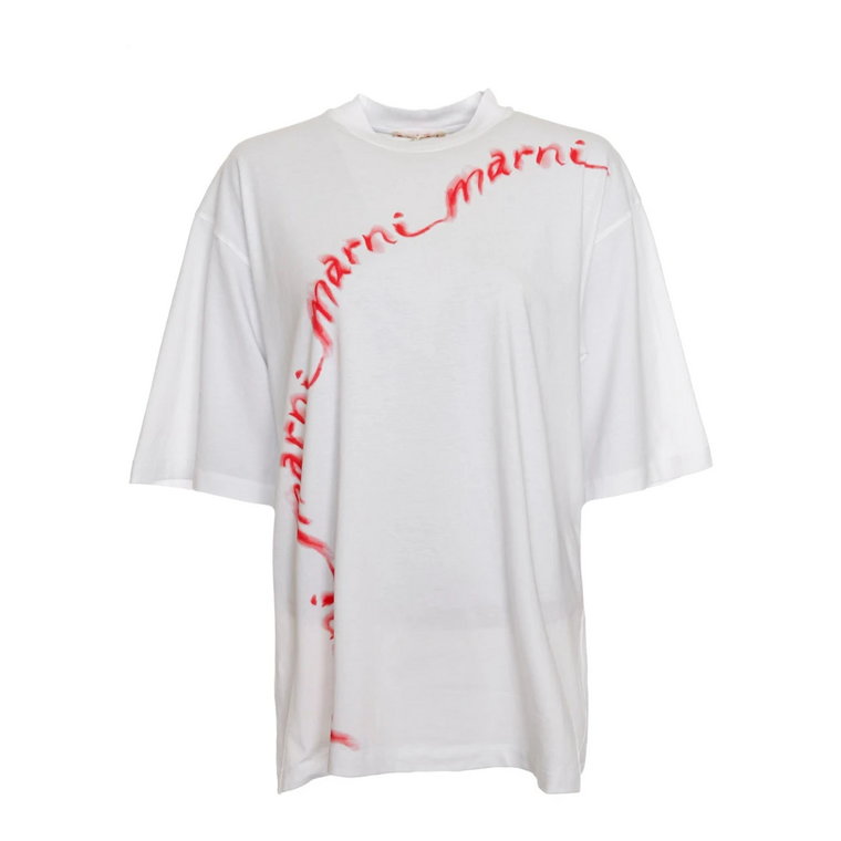 T-shirt z żebrowanym dekoltem i nadmiernie szerokimi ramionami Marni