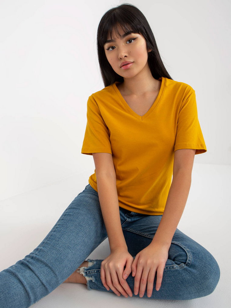 T-shirt jednokolorowy ciemny żółty casual dekolt w kształcie V rękaw krótki