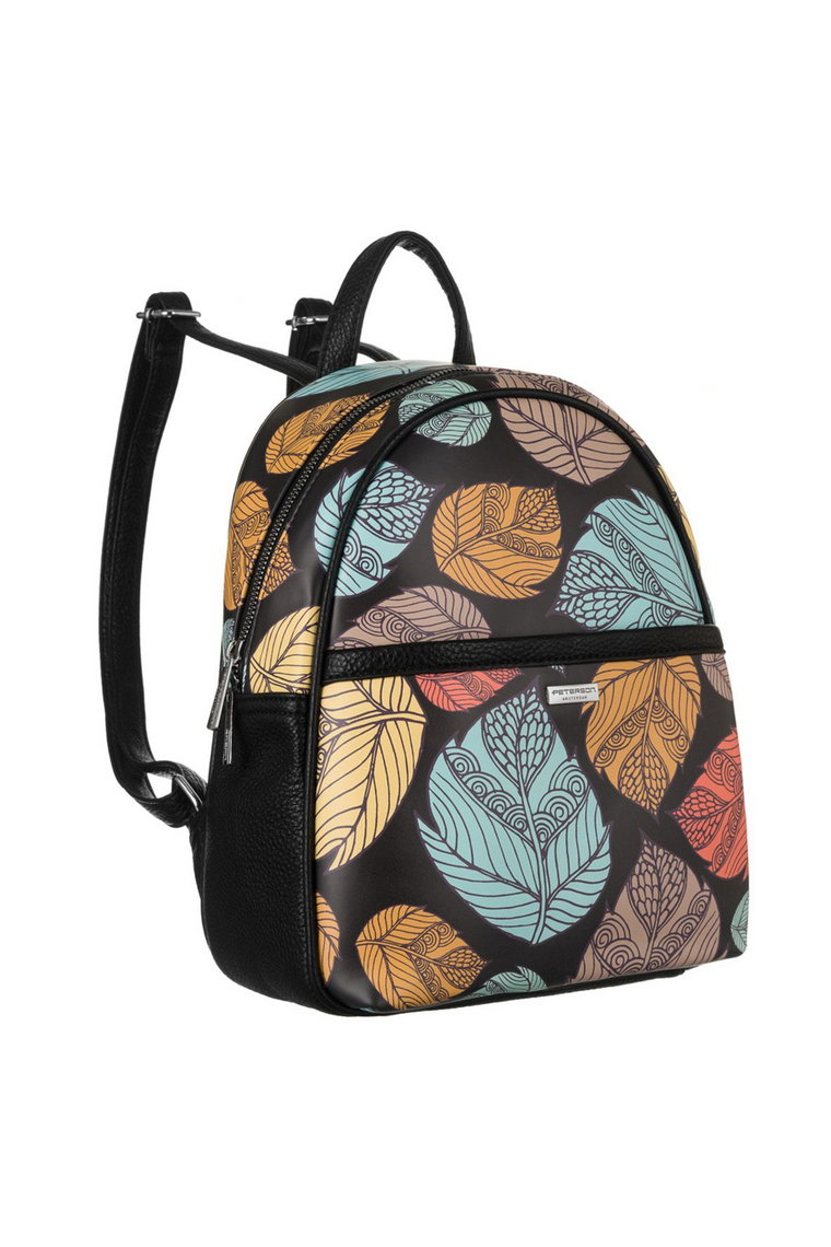 Miejski plecaczek damski ze skóry ekologicznej - Peterson czarny w kolorowe liście