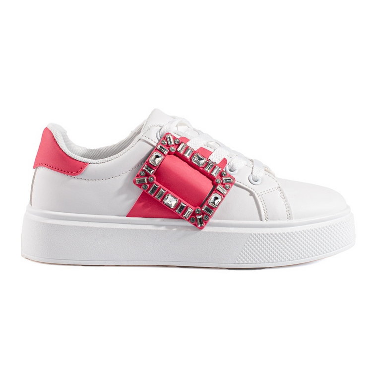 Białe damskie buty sneakersy z różową wstawką Shelovet