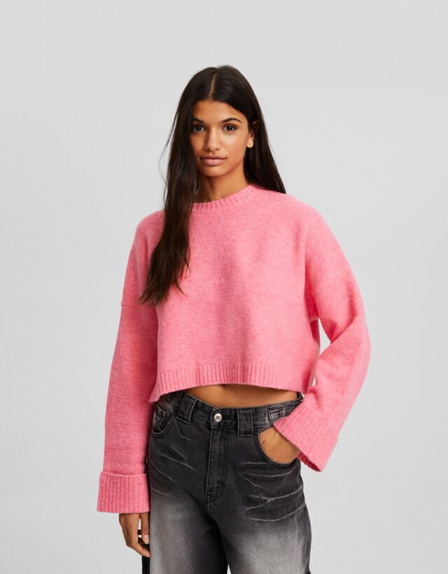 Bershka Krótki Sweter Z Okrągłym Dekoltem Kobieta Xs Różowy