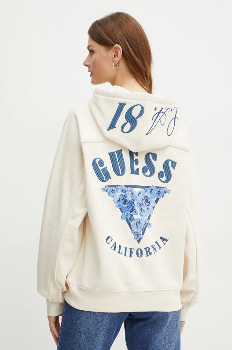 Guess bluza damska kolor beżowy z kapturem z aplikacją W4BQ05 KBY51