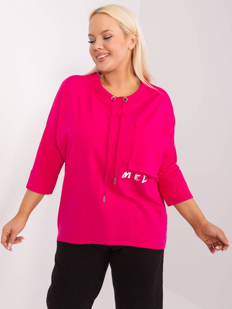 Bluzka plus size fuksjowy casual codzienna dekolt okrągły rękaw 3/4 print (nadruk) kieszeń troczki